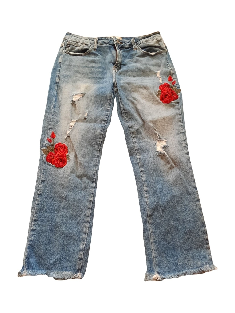 KanCan Light Blue Flare Jeans with Red Rose Patches